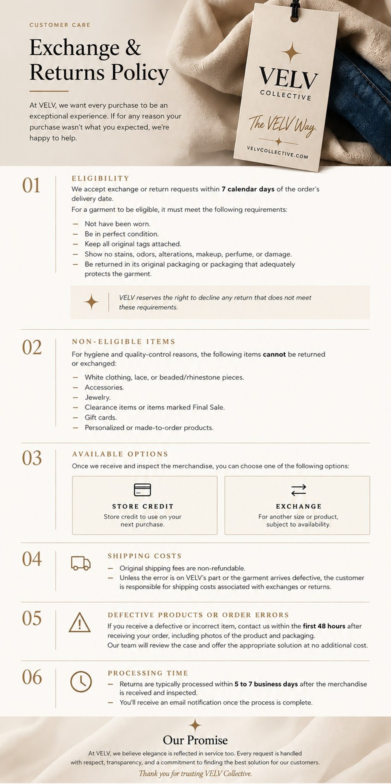 Exchange & Returns Policy — Eligibility, Non-Eligible Items, Available Options, Shipping Costs, Defective Products, and Processing Time