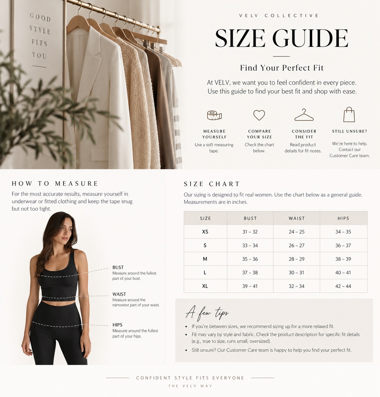 Velv Collective size guide — how to measure, size chart, and fit tips